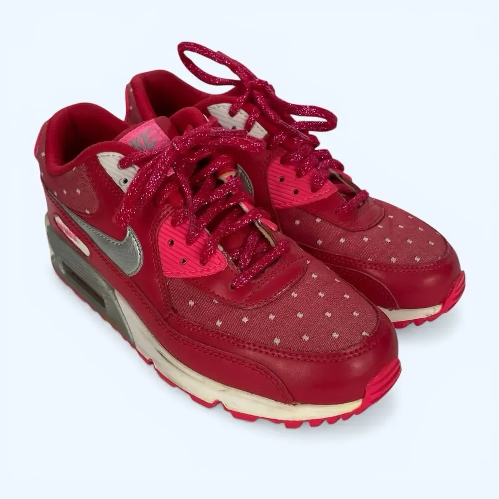 Nike Air Max 90 Print Red Pink Silver Shoes Sneakers 704953-602 Girls 5.5Y